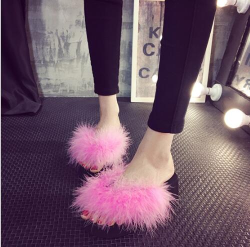 Direct Real Ostrich Hair Slippers Female 2017 Summer Goods With The Word Drag Leisure Plush Slippers