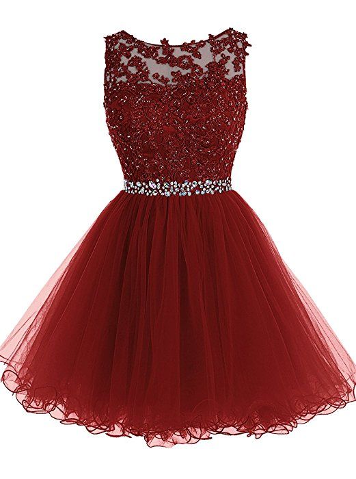 Tideclothes Short Beaded Prom Dress Tulle Applique Homecoming Dress Burgundy