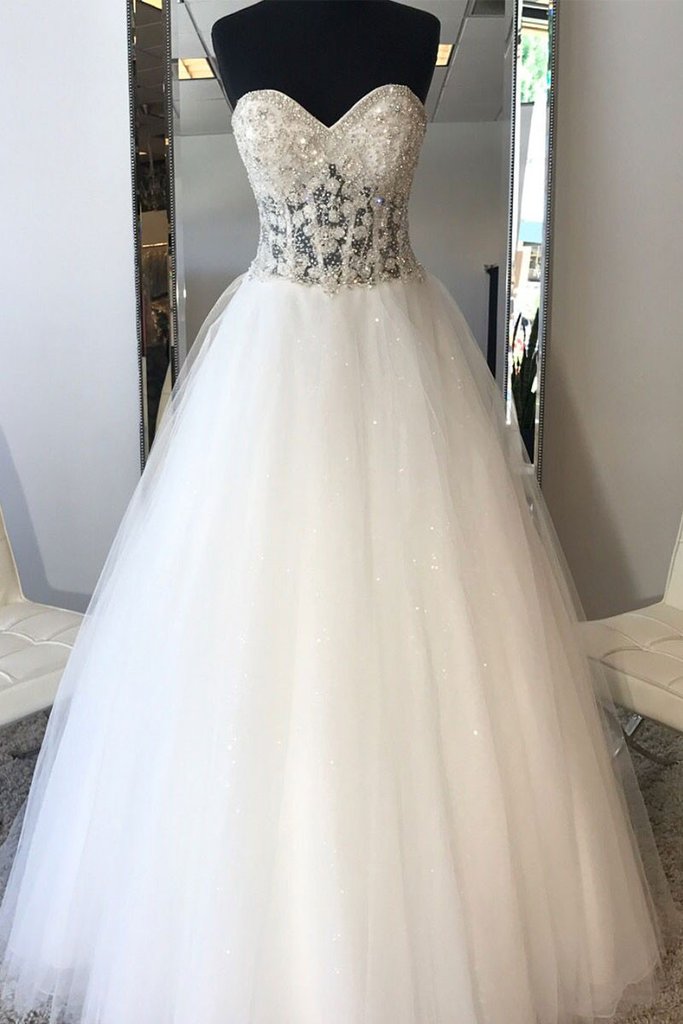 White Sweetheart Neck Tulle Beads Long Wedding Dress, Bridal Gown Wedding Dress