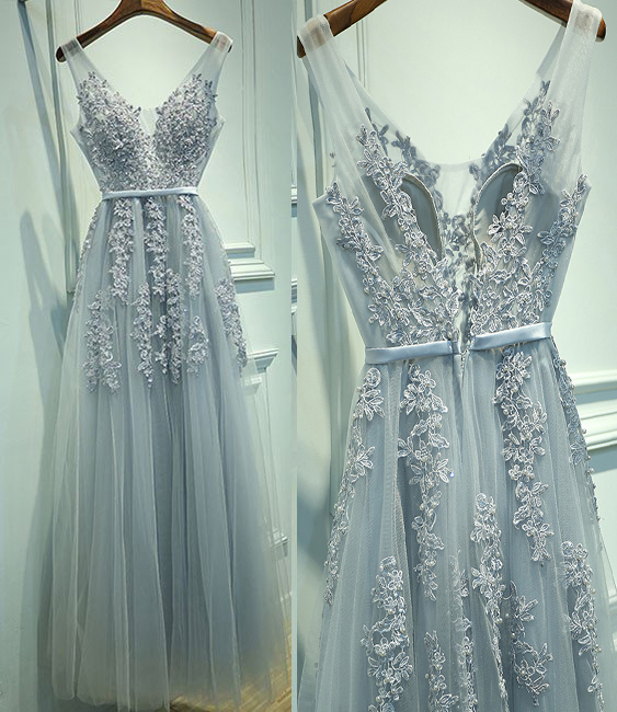 A-Line V-Neck Tulle Sleeveless Prom Dress,Gray Prom Dresses with Lace,V neck Homecoming Dress
