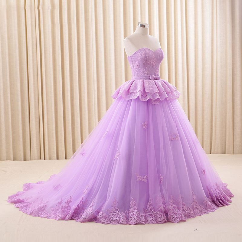 Lilac Prom Dresses Sweetheart Sweep Lace Edge Tulle Princess A Line Quinceanera Gowns For 15 16 Years