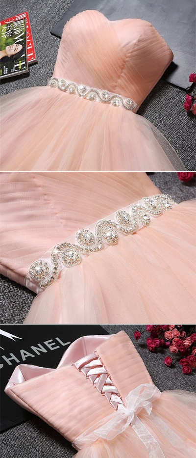 Pink Homecoming Dresses,strapless Homecoming Dress,homecoming Dresses,beading Homecoming Dresses,tulle Homecoming Dress,