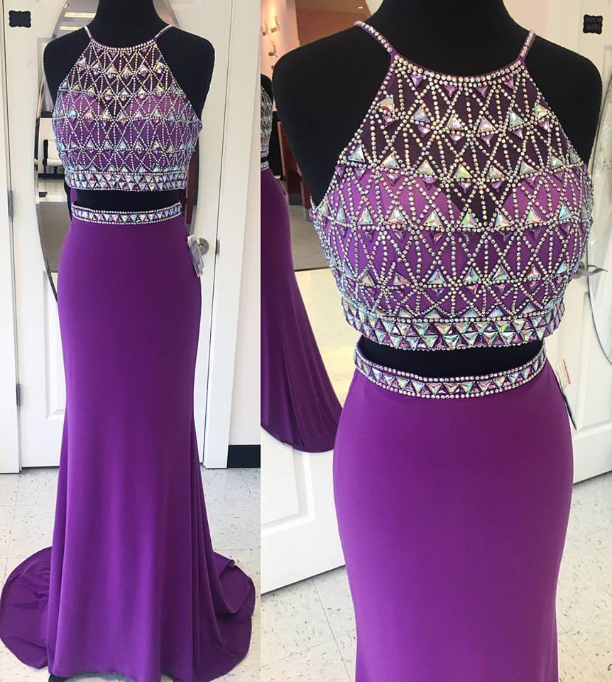 Halter Beaded Sparkly 2 Pieces Prom Dresses,purple Jersey Mermaid Prom Gowns,shinny Formal Dresses