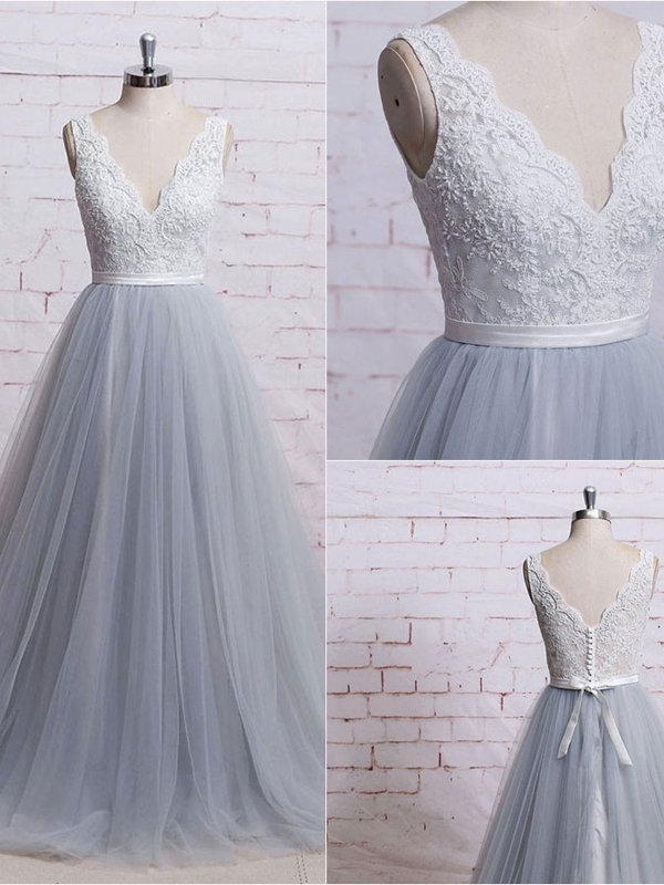 A-line V-neck Floor-length Sleeveless Tulle Prom Dress/evening Dres