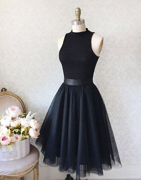 Vintage A-line High Neck Sleeveless Knee-length Black Homcoming Dress With Tulle