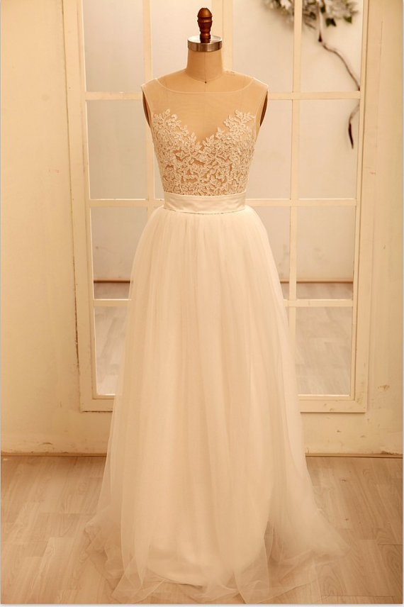 Custom Made A Line Round Necklace Lace Wedding Dresses, Deep V Neck Back Dress, Ivory Dresses For Wedding Dress
