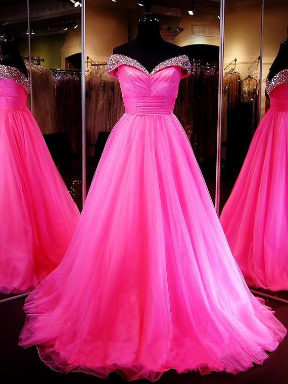 Ball Gown Off-the-shoulder Tulle Sweep Train Crystal Detailing Amazing Prom Dresses