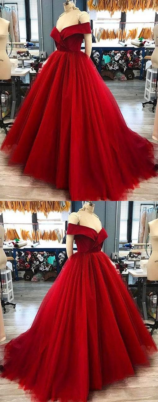 Red V Neck Tulle Long Prom Gown, Evening Dress Party Dresses