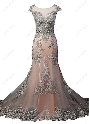 Tulle Scoop Neckline See-through Natural Waistline Mermaid Evening Dress With Beaded Lace Appliques