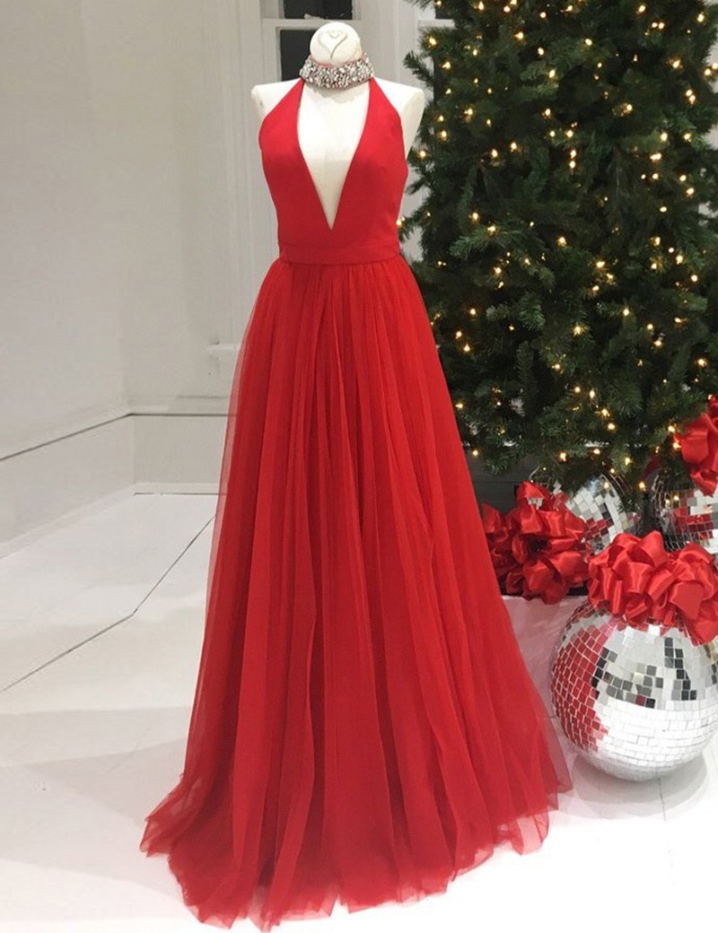 Custom Made Red Crystal Embellished Choker Neckline Tulle Floor Length A-line Bridesmaid Dress, Prom Dress