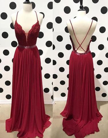 Burgundy Lace Backless Long Prom Dress, Lace Evening Dress