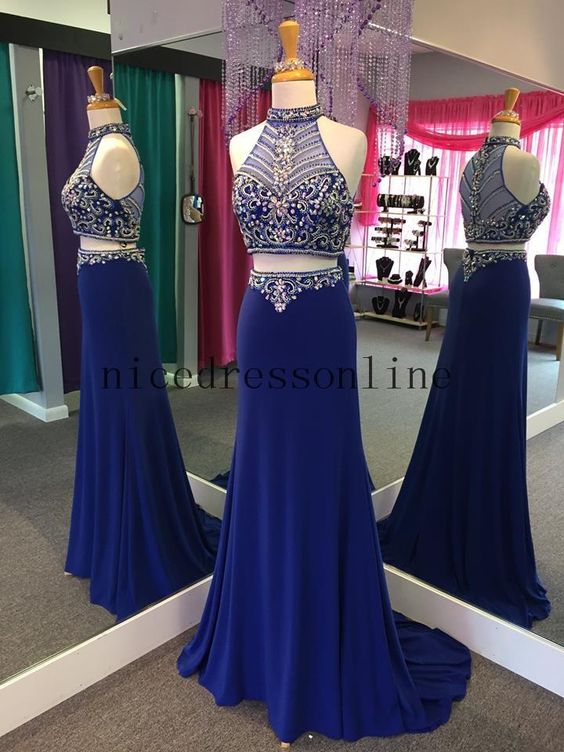 Real Images High Neck Beaded Royal Chiffon Sheath Pageant Dress With Zipper Back