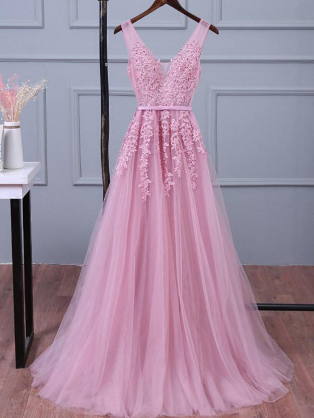 Baby Pink V-neck Tulle Prom Dresses With Appliques Prom Dresses