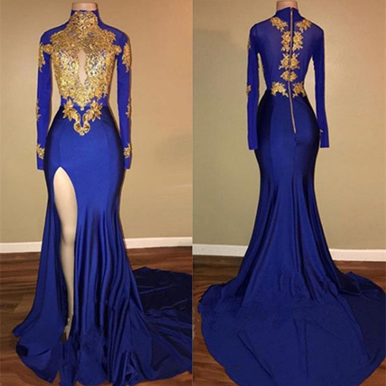 Royal Blue Long Prom Dresses 2018 Long Sleeves Mermaid