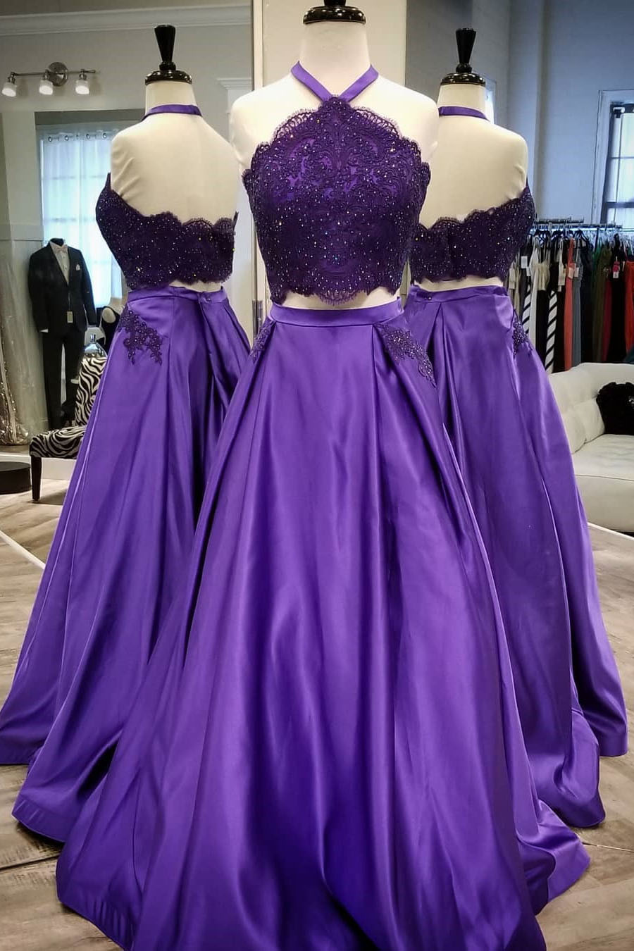 Two piece purple outlet prom dress