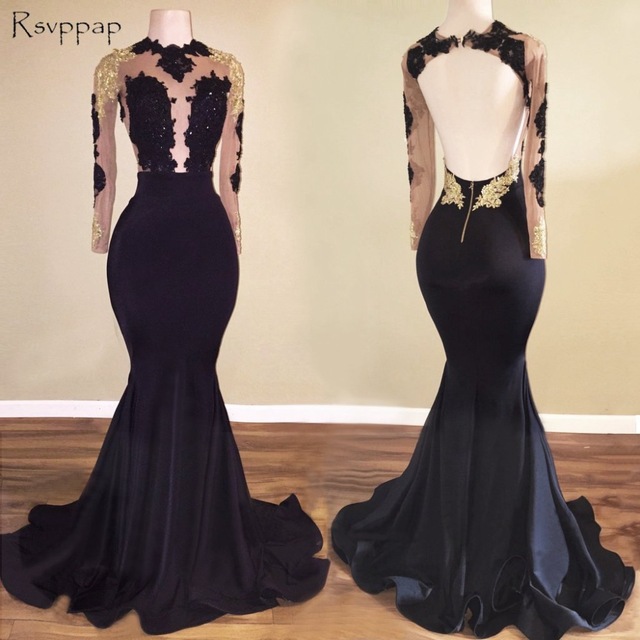 Long Prom Dresses 2018 Mermaid Long Sleeve Sheer Top Lace African Backless Floor Length Black Satin Prom Dress