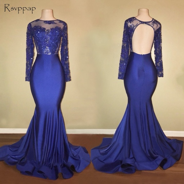 Long Prom Dresses 2018 Gorgeous Sheer Scalloped Long Sleeve Top Lace Backless African Royal Blue Mermaid Prom Dress