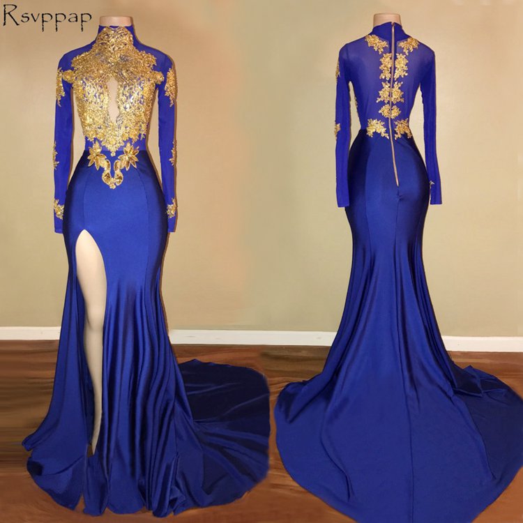 Sexy Long Mermaid Prom Dress 2018 High Neck Sheer Back Long Sleeves High Slit African Royal Blue Prom Dresses