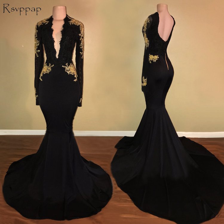 Long Sexy Prom Dresses 2018 Mermaid V-neck Long Sleeve Applique Backless African Black Prom Dress