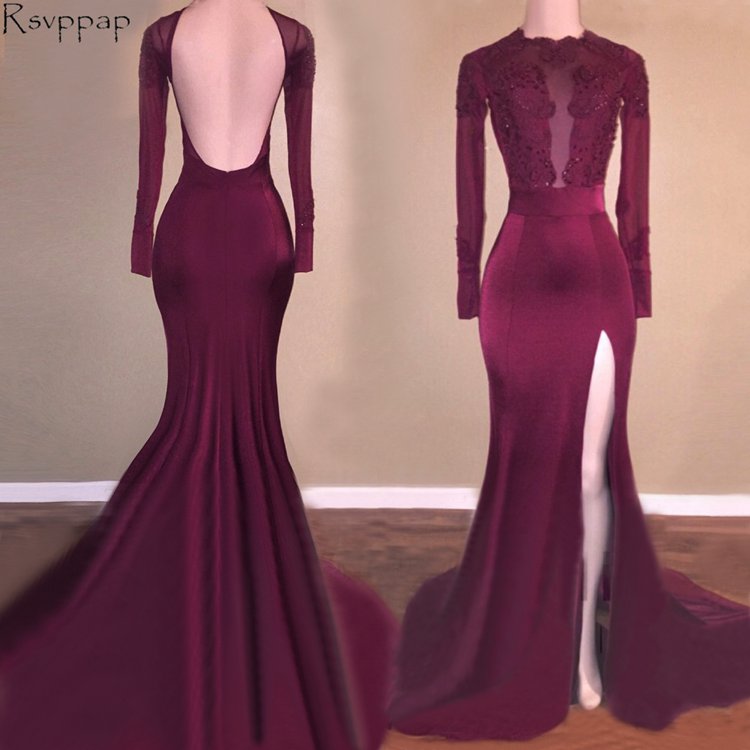 Long Prom Dresses 2018 Mermaid Long Sleeve Sexy High Slit Open Back African Purple Prom Dress