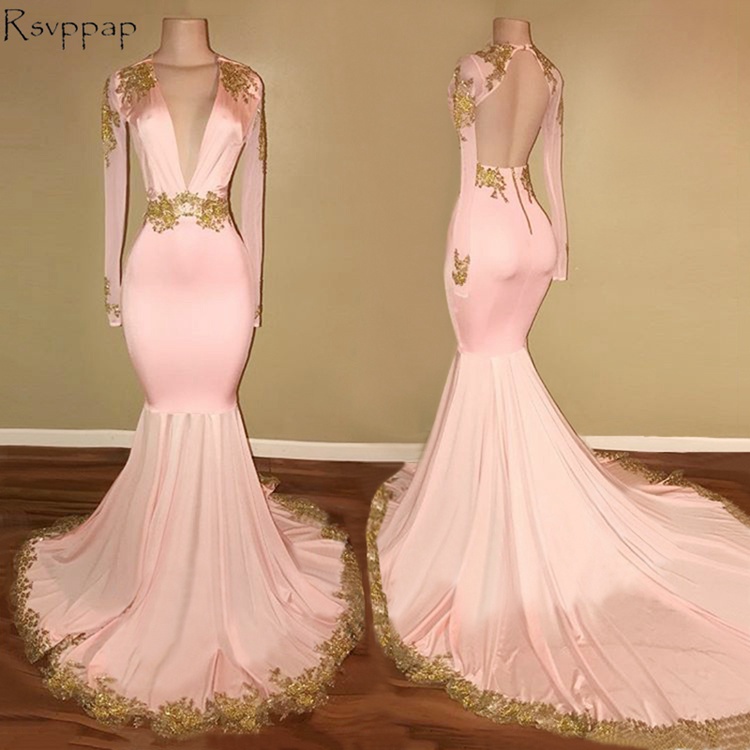 Long Sleeve Prom Dresses 2018 Gorgeous Mermaid Style Sexy V-neck African Backless Gold Lace Pink Prom Dress Girl