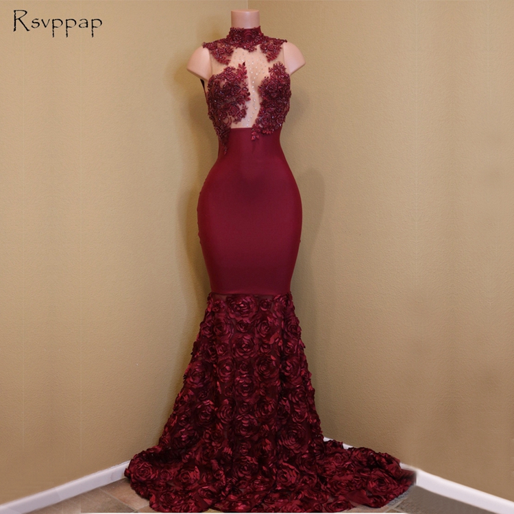 Long Gorgeous Prom Dresses 2018 Sheer Nude Top Lace Mermaid African Flowers Burgundy Party Prom Dress