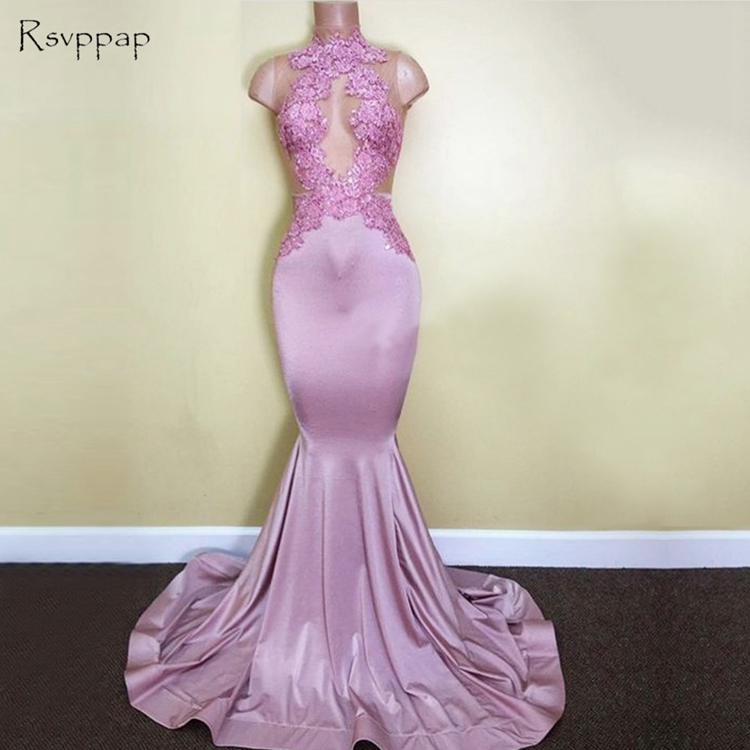Long Prom Dress 2018 Mermaid Sheer High Neck Sleeveless Top Lace African Floor Length Prom Dress