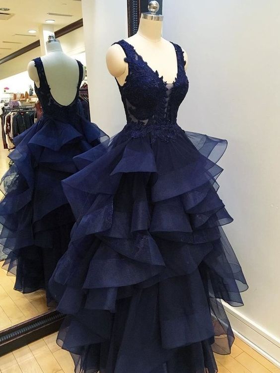 Lace Appliqued See Through Navy Prom Dresses,long Pageant Dresses