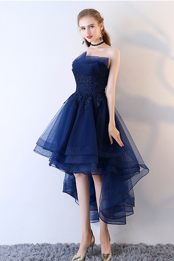 Fancy Dark Blue Tulle Appliques Lace Prom Dress,strapless Hi-lo Homecoming Dress,sleeveless Layered Evening Dress