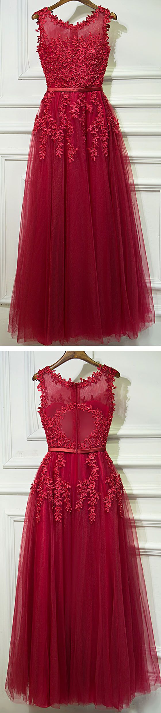 Red Formal Sleeves Tulle Applique Long Prom Dresses