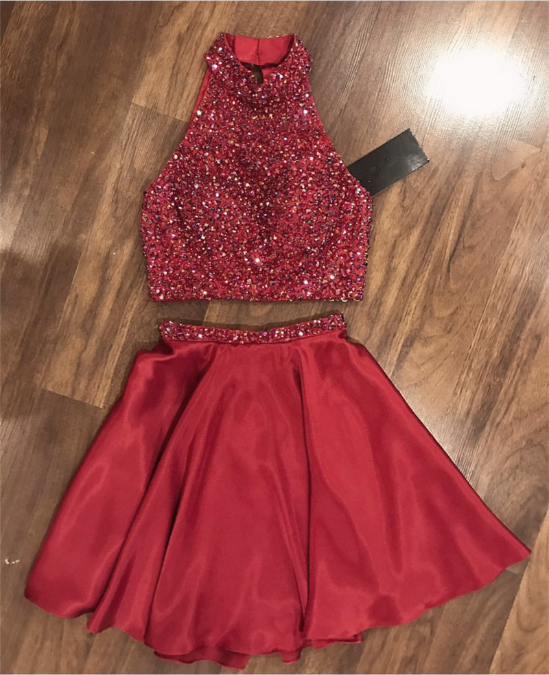 Two Piece Prom Dress, Crystal Beaded Prom Party Dress, Short Homecoming Dress