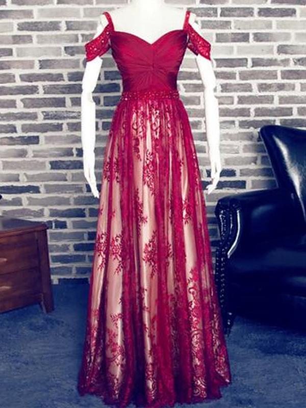 Sexy Off Shoulder A Line Lace Prom Dresses For Junior, Long Evening Dress
