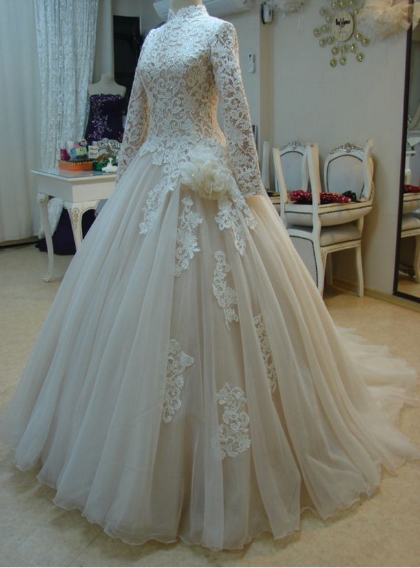 Long Sleeve Appliques Lace Tulle Ball Gown Wedding Dress, High Neck Wedding Dresses