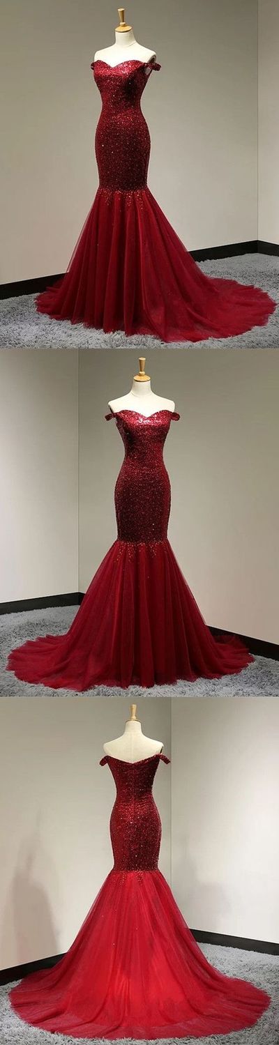 Burgundy Sequins Sweetheart Mermaid Evening Dress Off Shoulder Prom Gowns