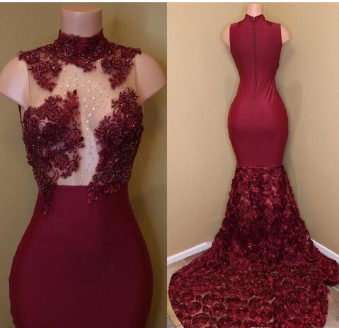 Burgundy Lace Prom Celebrity Dresses With Major Beading Top Roses 3d Flowers Bottom High Neck Sexy Sheath Sleeveless Evening Gowns
