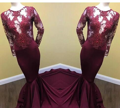 See Through Sheer Long Sleeve O Neck Pearls Prom Dress With Lace Satin Mermaid Burgundy African Prom Dress