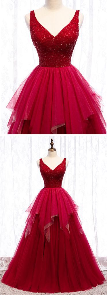 Burgundy Tulle Crystal V Neck Long Lace Up Prom Dress, Evening Dress