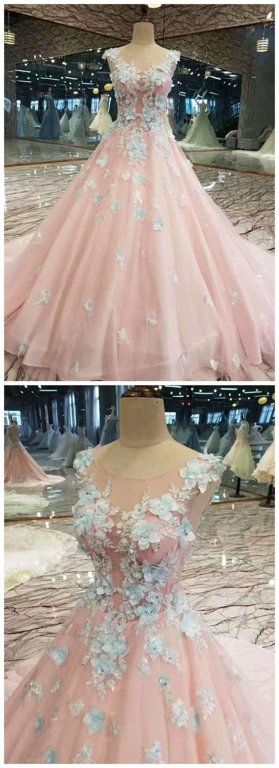 Floral Prom Dresses Pink Color With Handmade Flowers And Beads