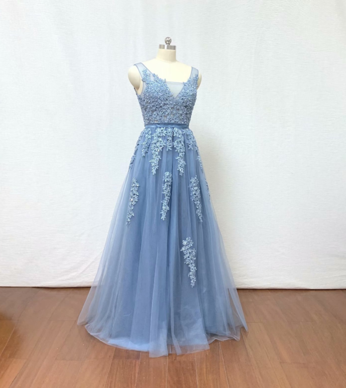 Prom Dress Light Blue Lace Applique Formal Dresses Evening Dresses Backless Tulle Prom Gowns