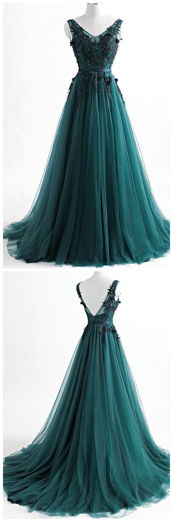 Tulle V-neck Neckline Floor-length A-line Evening Dress With Beaded Lace