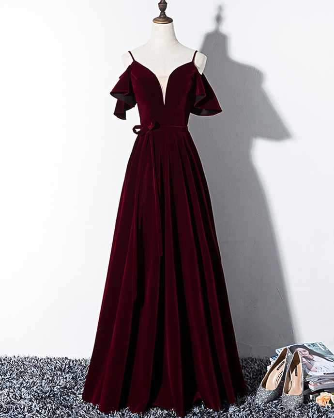 Burgundy Velvet V Neck Long Lace Up Evening Dress, Short Sleeve Prom Gown