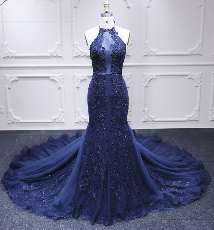 Navy Blue Tulle Backless Sweep Train Mermaid Evening Dress, Lace Prom Gown