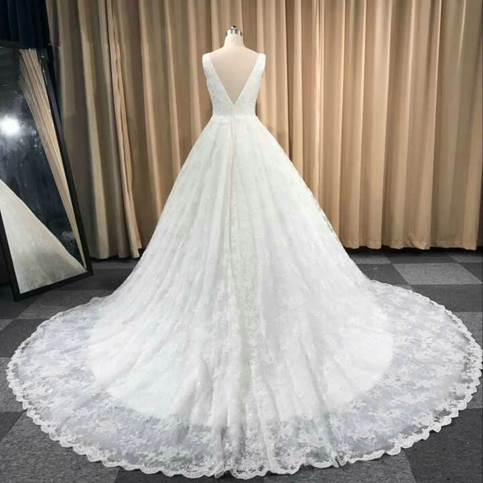 White Lace Tulle V Neck Sweep Train Long Wedding Dress