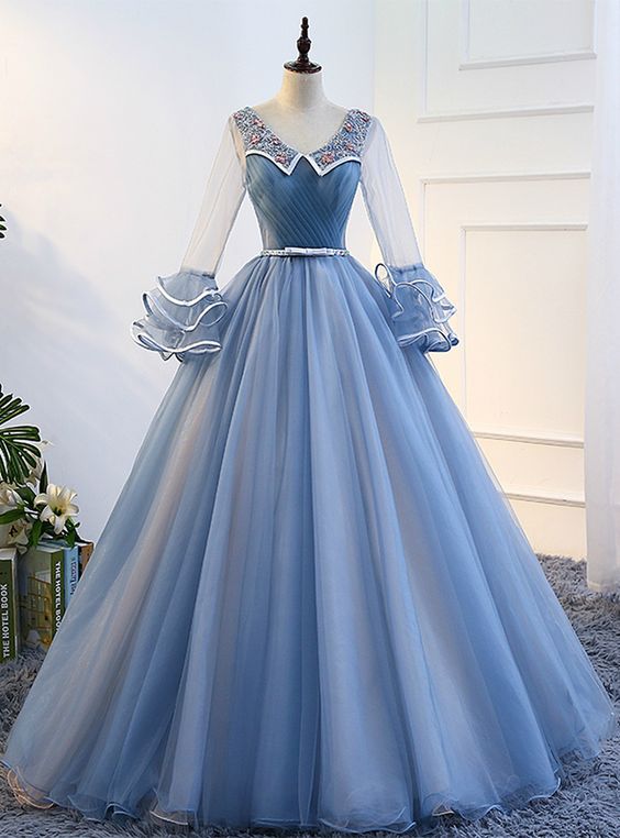 Blue Long Sleeve Tulle Quinceanera Dresses