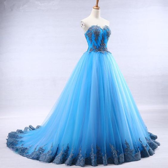 Bright Blue Tulle Sweetheart Neck Long Strapless A Line Senior Prom Dress With Appliqué