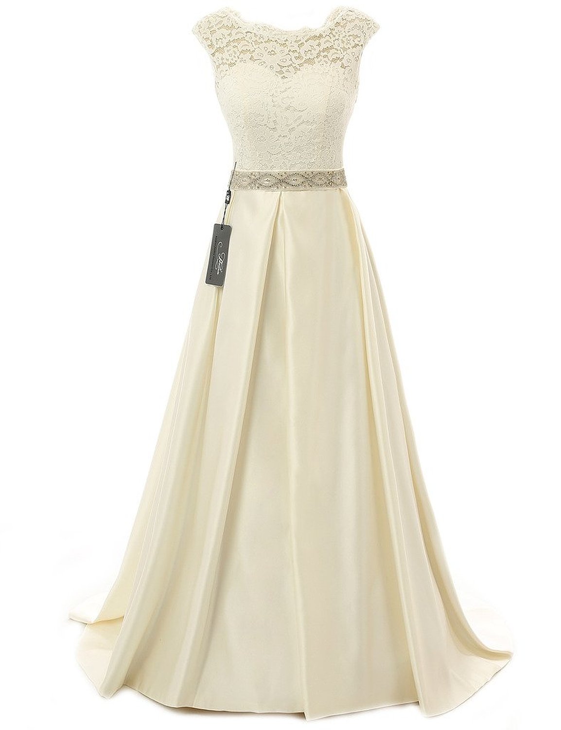 Ivory White Floor-length A-line Satin Wedding Dress With Lace Bodice And Open Back