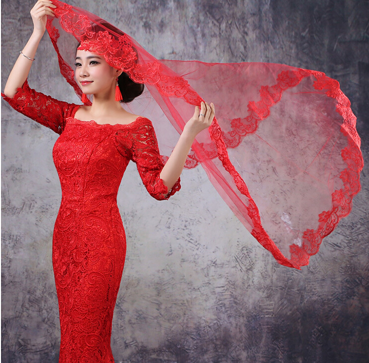 Wedding dress accessories 2015 spring and autumn new bride Red Lace Wedding Veil 1.5 meters