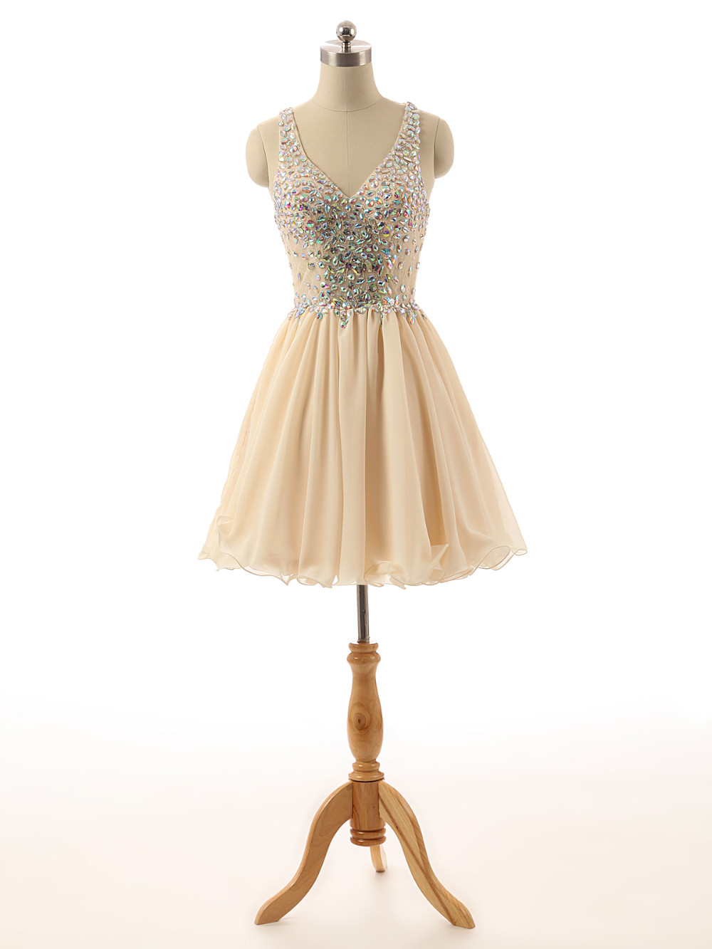 Short Chiffon Cocktail A-line Dress Featuring Crystal Embellished Plunge V Bodice