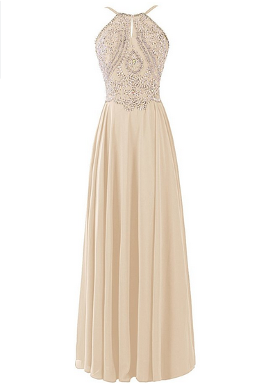 Prom Dresses Chiffon Prom Dress Long Halter Bridesmaid Gown With Beads Champagne