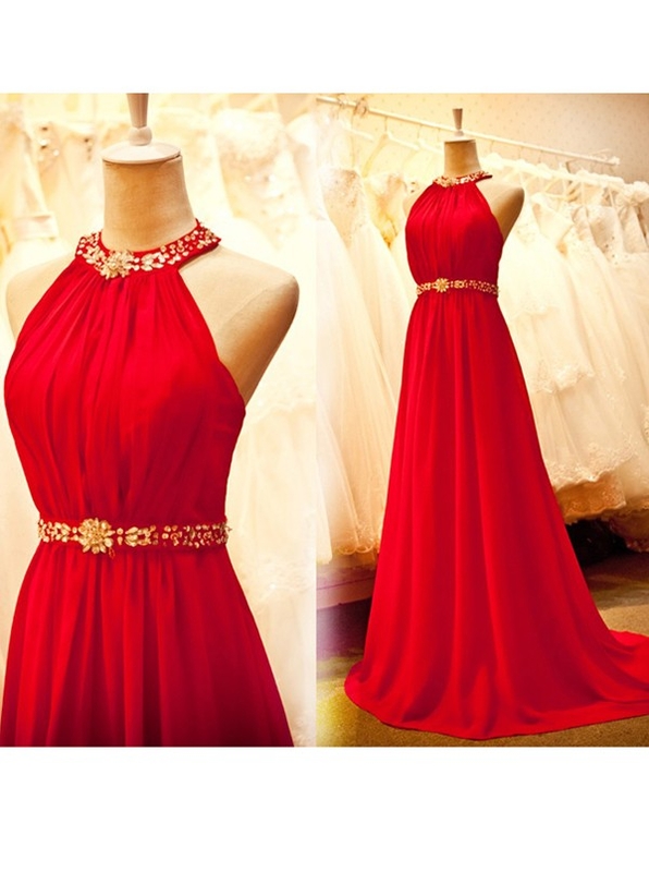 Beautiful Halter Red Long Chiffon Prom Dress With Beadings, Prom Dresses 2016, Red Prom Gowns